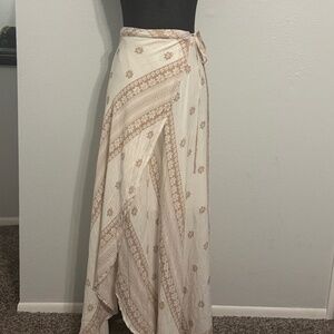 Reverse Cream & Tan Floral Wrap Maxi Skirt - Boho Vacation Style - Size L